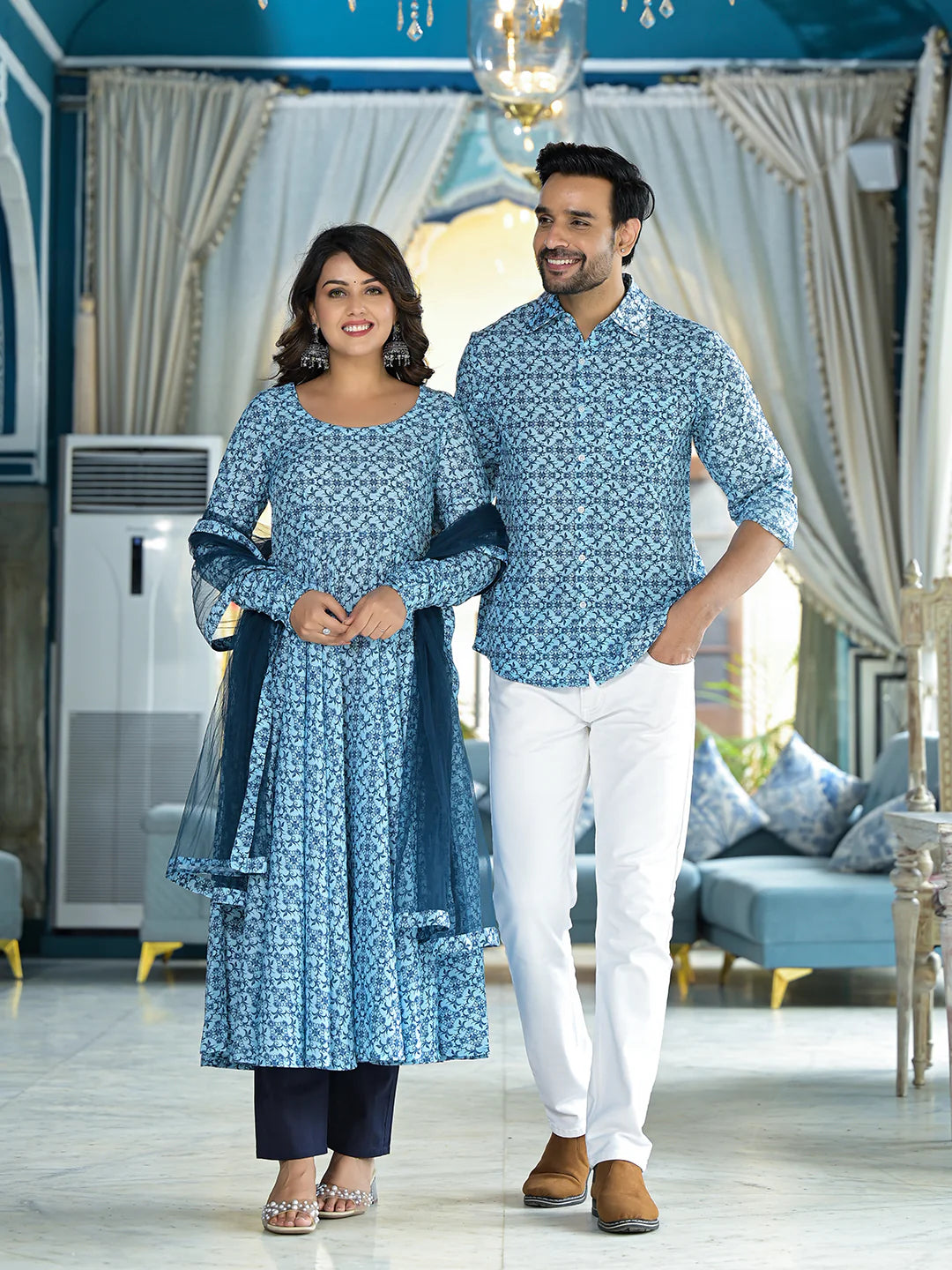 Mughal Print Icy Blue Festive Couple Set