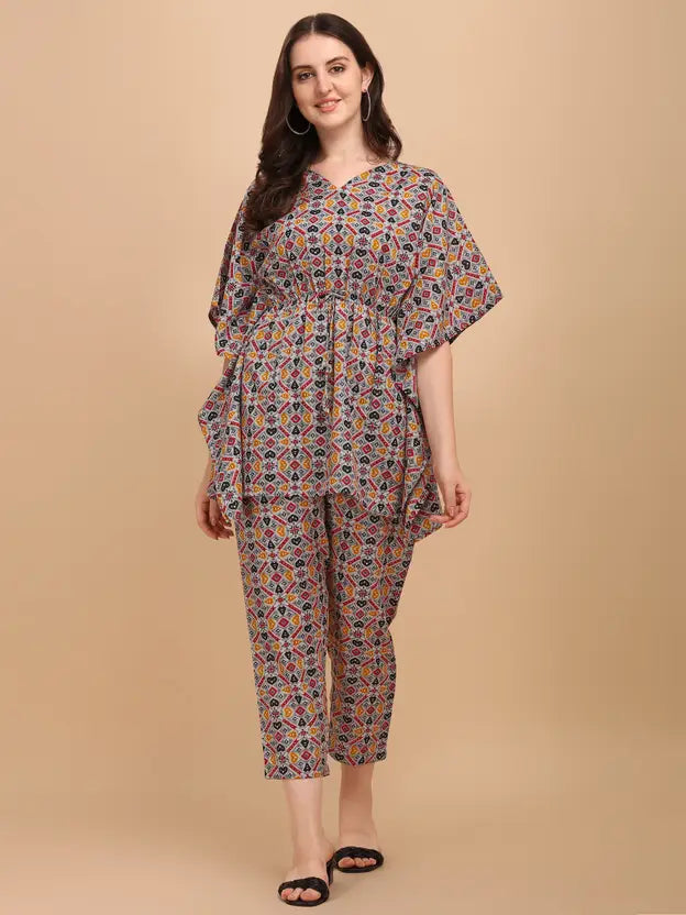 Ethnic Cotton Kaftan Co-ord Set Multicolor Geometric Print
