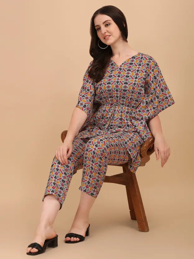 Ethnic Cotton Kaftan Co-ord Set Multicolor Geometric Print