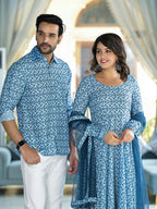 Muslin Mughal Print Blue Festive Couple Set