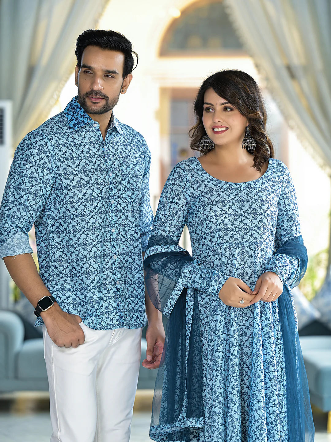 Mughal Print Icy Blue Festive Couple Set