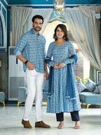 Muslin Mughal Print Blue Festive Couple Set