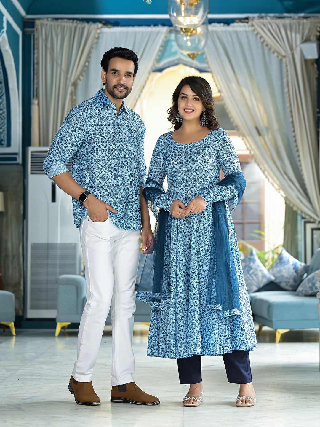 Mughal Print Icy Blue Festive Couple Set