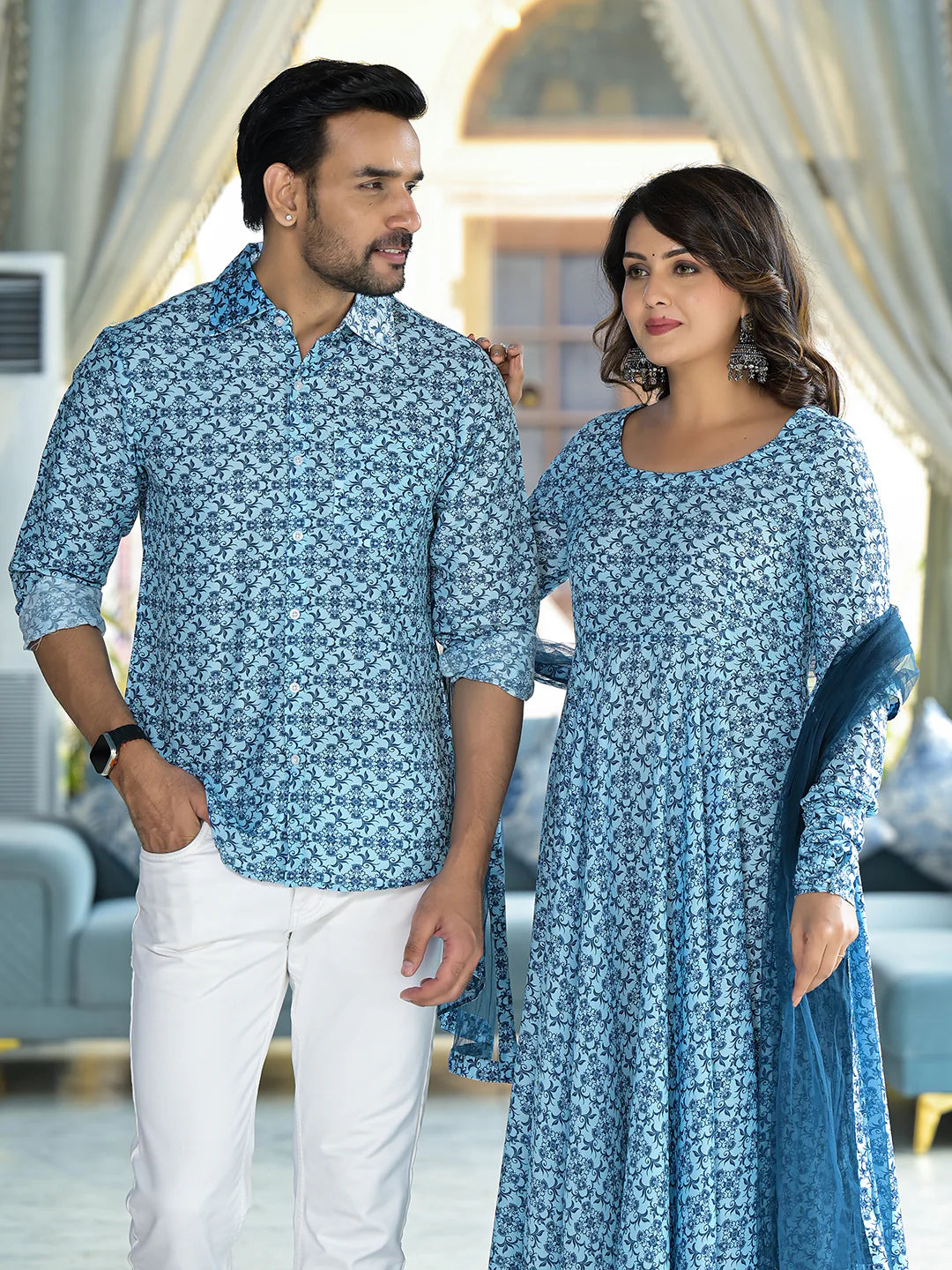 Mughal Print Icy Blue Festive Couple Set